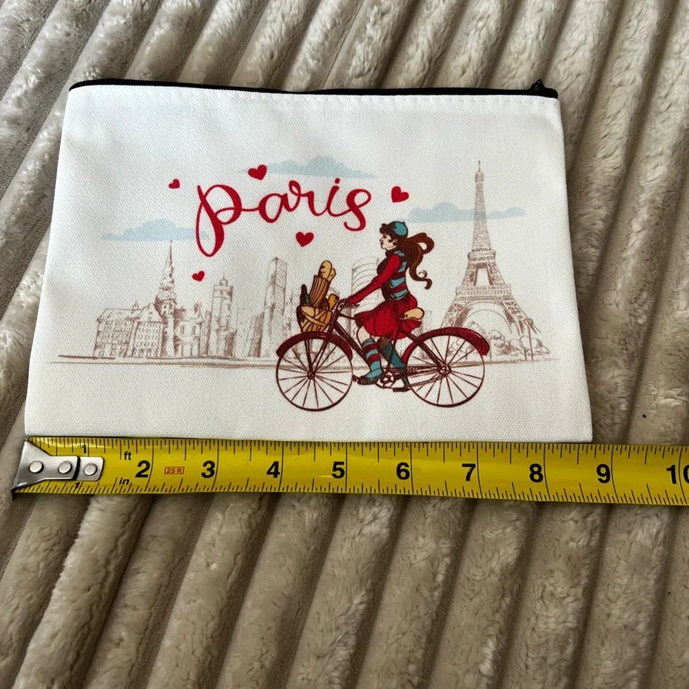 New Paris Bicycle canvas Makeup bag tote Pouch White & Red Eiffel Tower